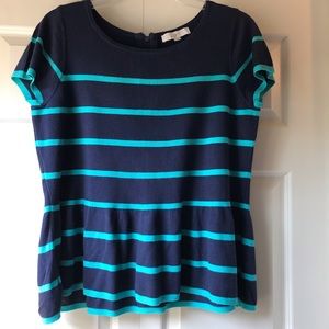 LOFT Short Sleeve Peplum Top, Navy/Aqua Striped